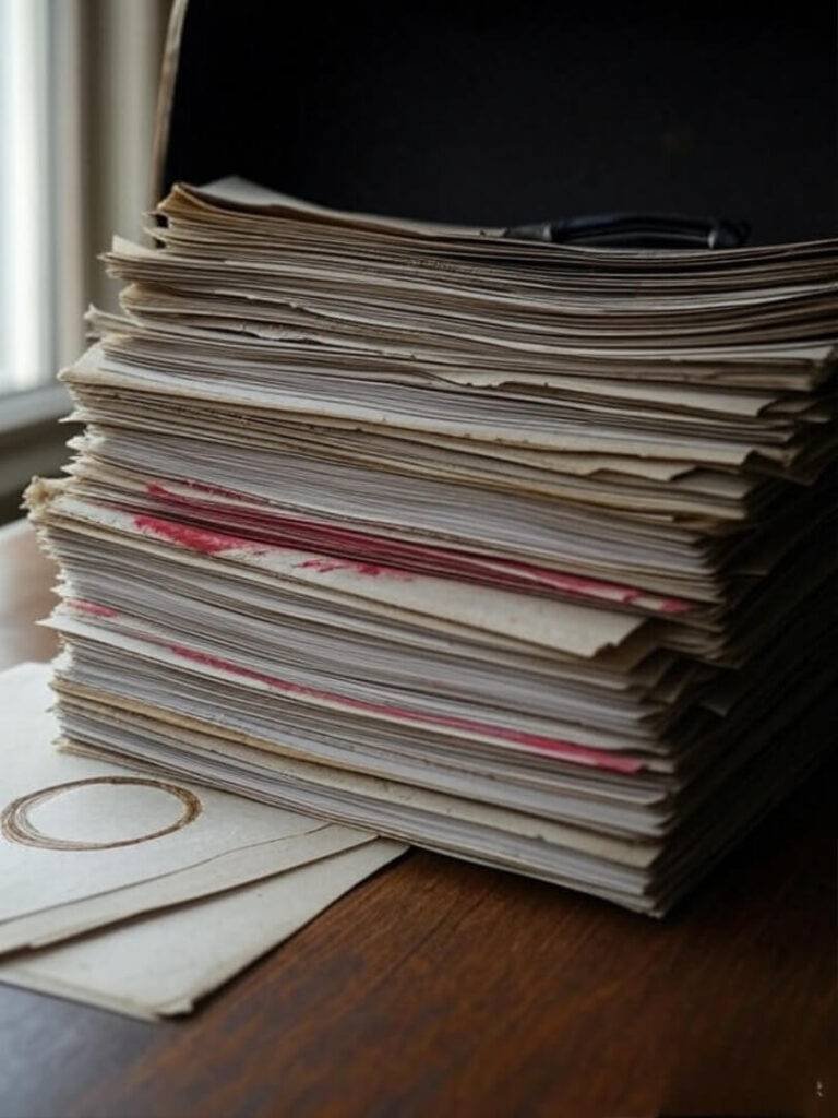 A stack of old, dusty title documents spills out of a worn briefcase, with a faint coffee ring on one page, depicted in a slightly blurred photorealistic style with muted grays and a splash of crimson, conveying a sense of hidden complexity.