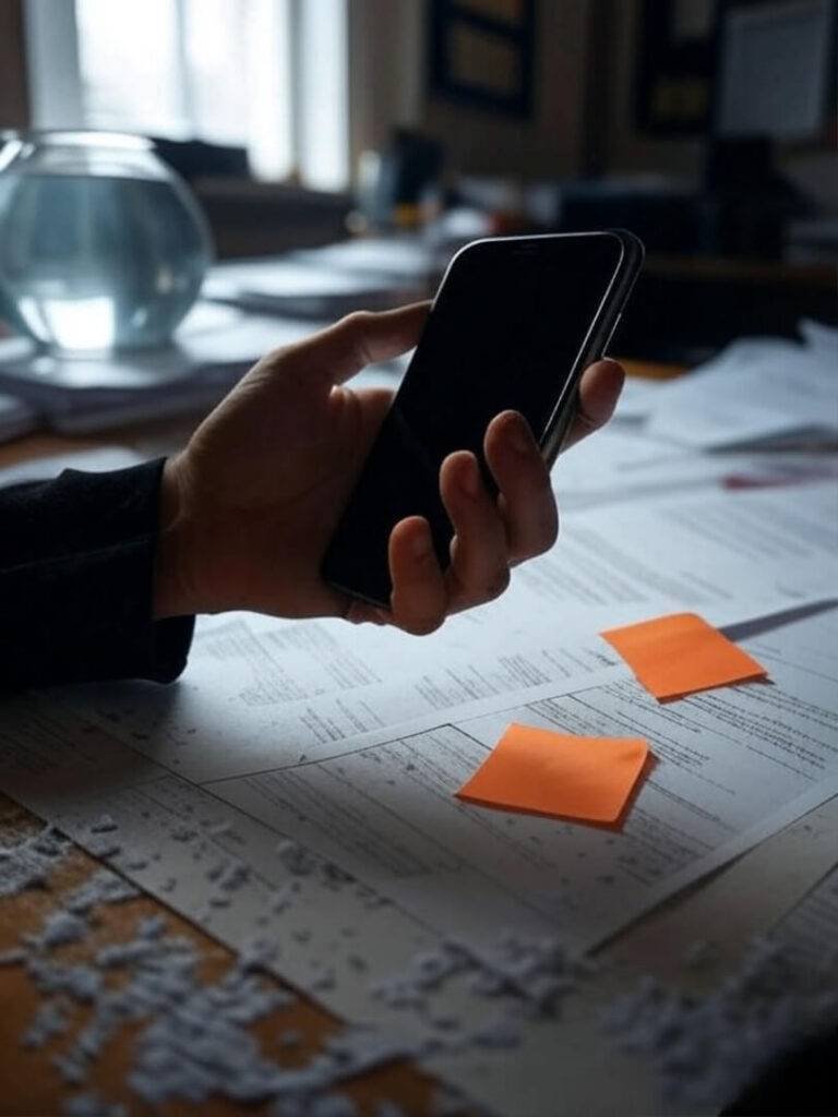 Tenant’s hand on phone mid-lawyer call, messy desk with lease papers, fishbowl, bright orange Post-it note.