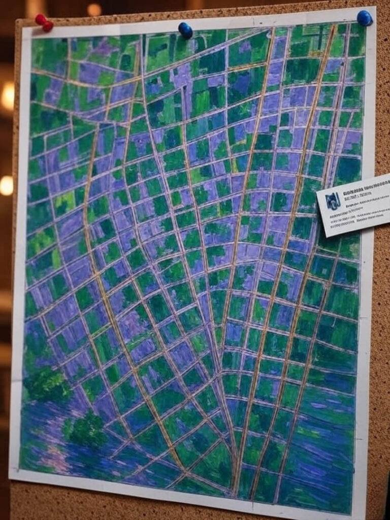 A high-resolution image of a city zoning map pinned to a corkboard, with colorful pushpins and a lawyer’s business card tucked into the corner.
