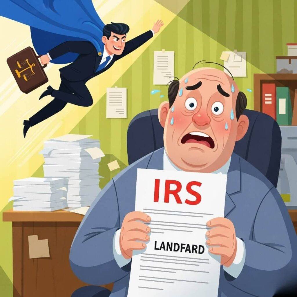 A whimsical digital illustration shows a panicked landlord clutching an IRS letter. A tax attorney in a superhero cape swoops in from above to save the day.
