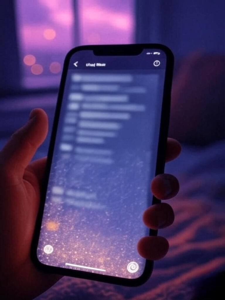 Impressionistic digital painting of a phone screen showing a blurry, shady email, half-covered by a shaky hand, with a bittersweet vibe, in stormy purples and soft coral tones.