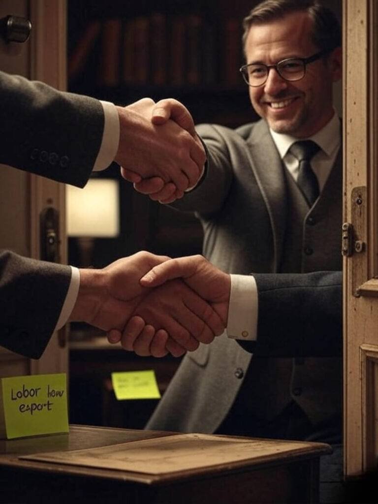 Vintage-inspired sepia-toned image of a handshake between a client and lawyer, viewed through a slightly open door, with a neon-green sticky note on the desk reading “labor law expert,” conveying a wryly humorous tone.
