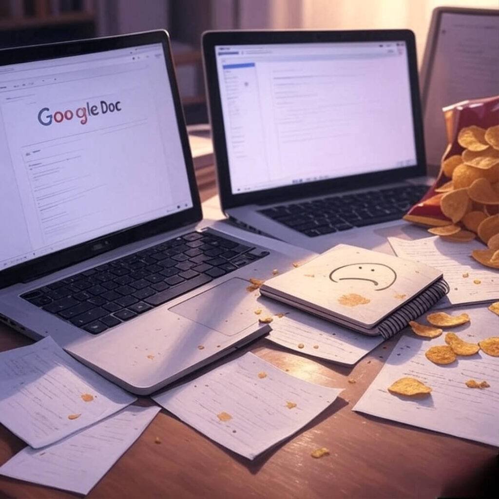Impressionistic painting of a messy desk with a laptop open to a Google Doc, spilling chips, coffee-stained notebook with a doodled frowny face, soft purples and warm golds, 1:1 ratio.