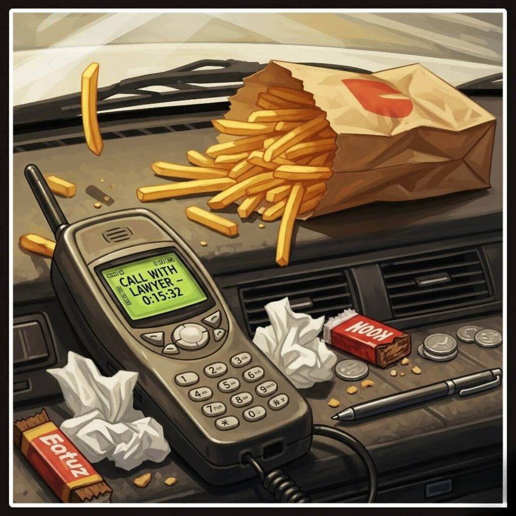 A vintage-inspired digital painting of a messy car dashboard with a phone on a call with a lawyer and a takeout bag spilling french fries.