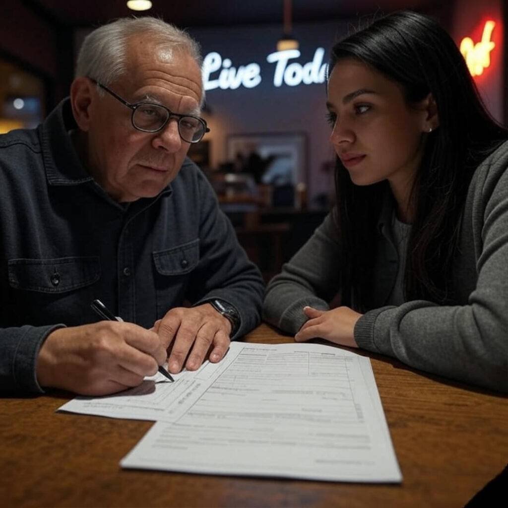 Alt text: Two people hunched over a medical power of attorney form at a cozy coffee shop table, one holding a pen nervously. A “Live Today” neon sign glows in the background. Caption: “Talking healthcare proxies over bad coffee—awkward but necessary.”