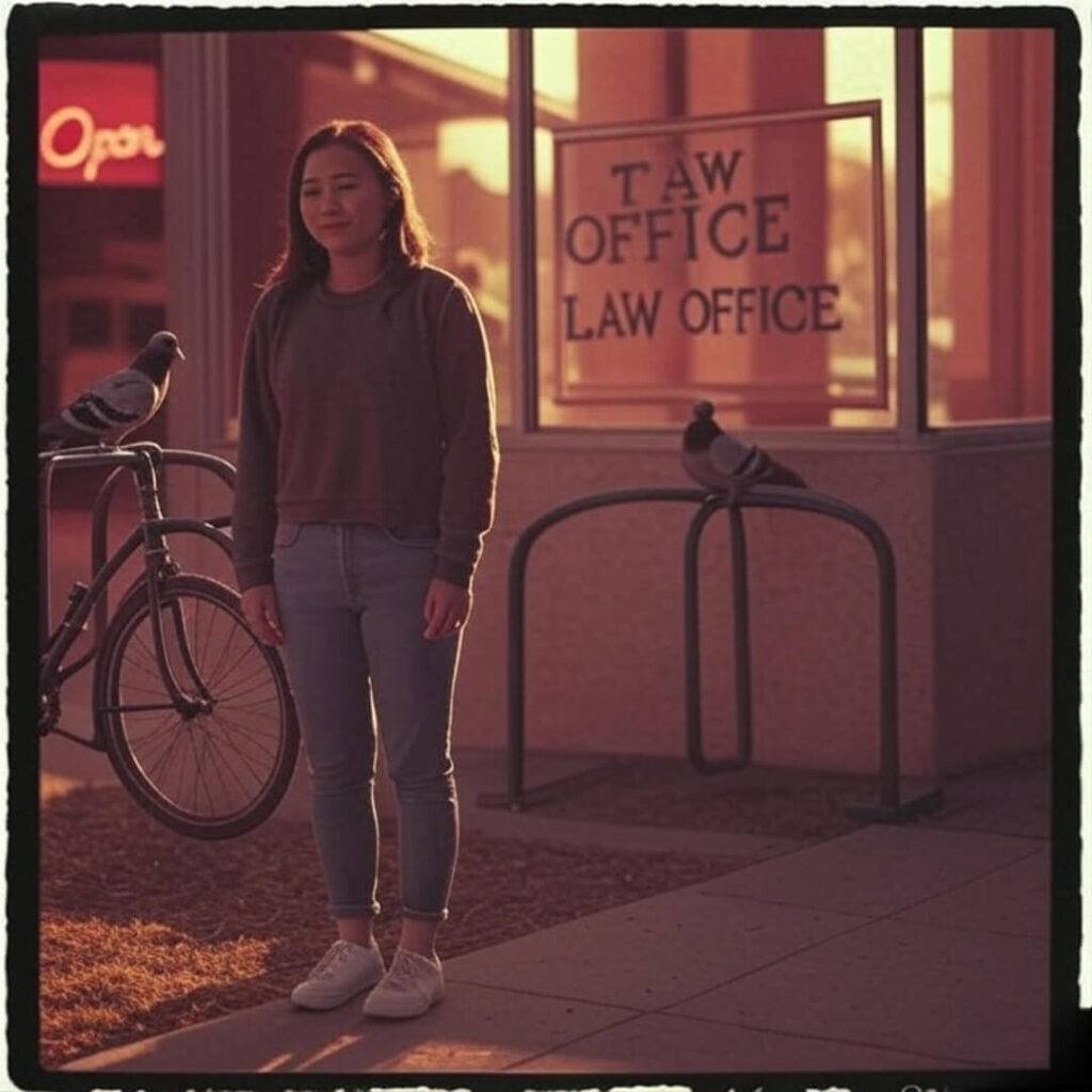 A vintage Polaroid of a person outside a law office, looking relieved yet overwhelmed, with a neon “Open” sign reflected in the window, a pigeon on a bike rack, and a bittersweet tone in faded reds and sepia.