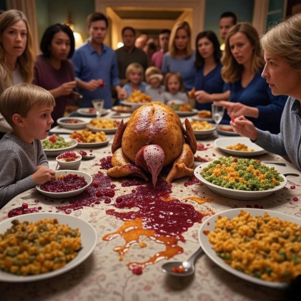 Chaotic Thanksgiving table with a toppled turkey, spilled cranberry sauce, and a green bean, set in a warm yet tense gold-teal palette.