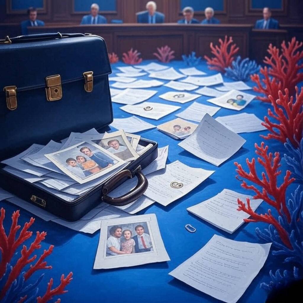 An impressionistic painting of a courtroom from a low angle, featuring a guardianship attorney’s briefcase spilling papers and a faded family photo, with a quirky heart-shaped paperclip amid the mess, blending deep blues and coral pops for a wryly humorous tone.4.6sFast