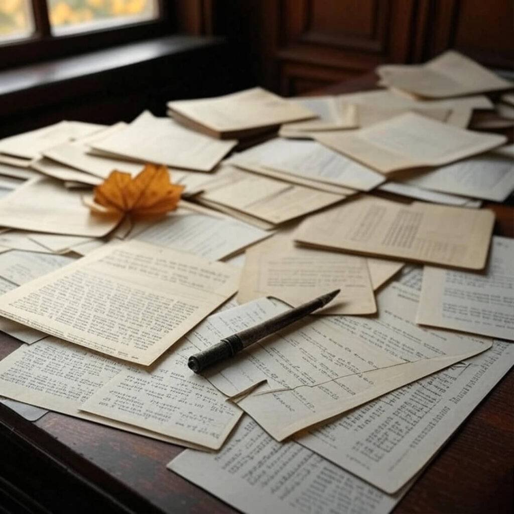 Vintage scene of scattered estate documents, a cracked pen, and an autumn leaf on a wooden surface.