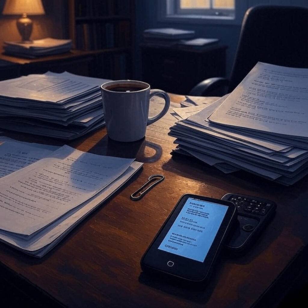 Alt Text: Impressionistic close-up of a cluttered desk with legal documents, a half-empty coffee mug, and a phone displaying a lawyer’s contact, featuring a bent paperclip question mark, in deep indigo and soft gold tones.