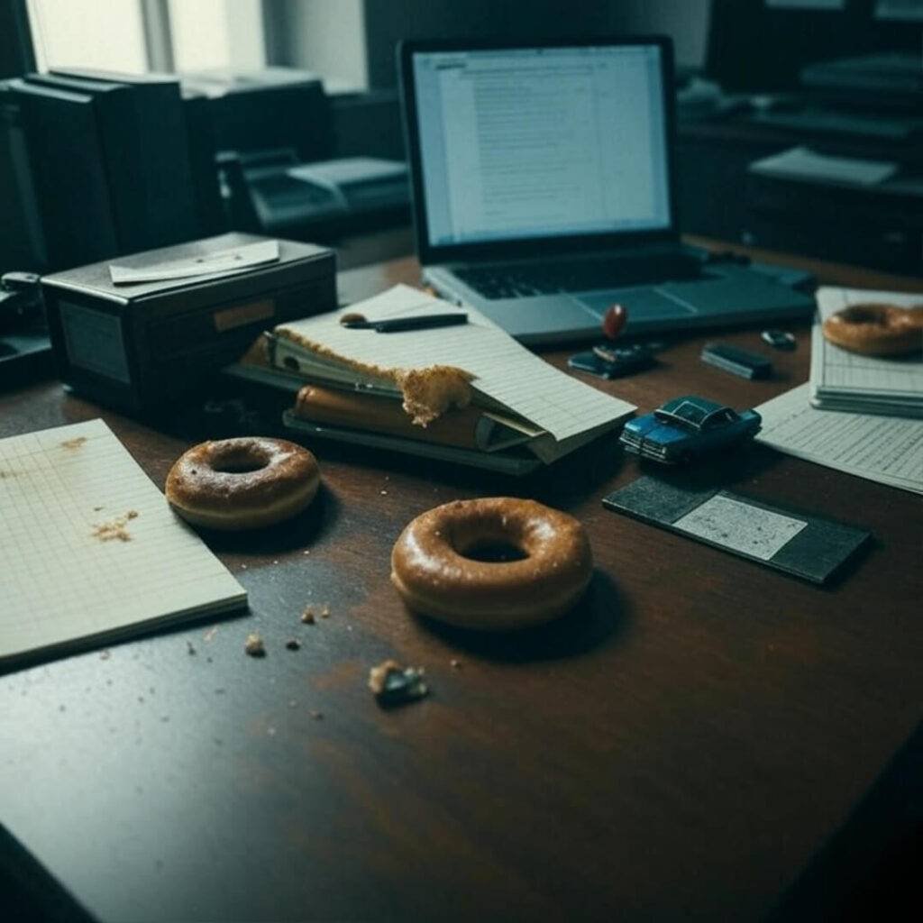 image of a cluttered lawyer’s desk with a coffee-stained legal pad, a half-eaten donut, and a laptop open to a case file