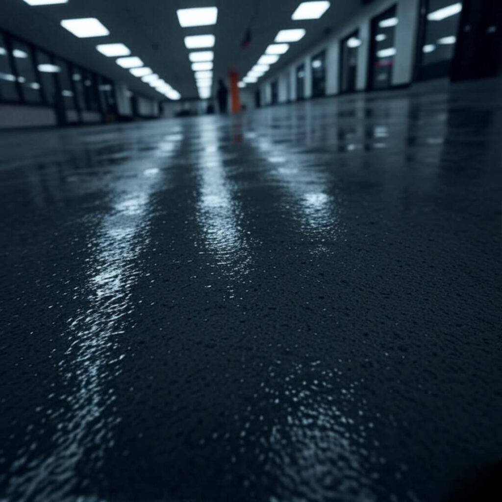 Tilted, shaky close-up phone photo of a wet floor, raw and imperfect, suggesting a slip and fall incident in progress.