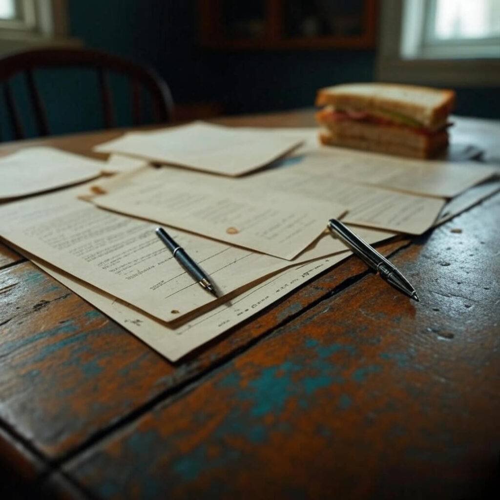 Vintage shot of a leaky pen bleeding ink over legal papers on a rickety kitchen table, with a sad sandwich in the background, low angle, faded browns and a teal accent.