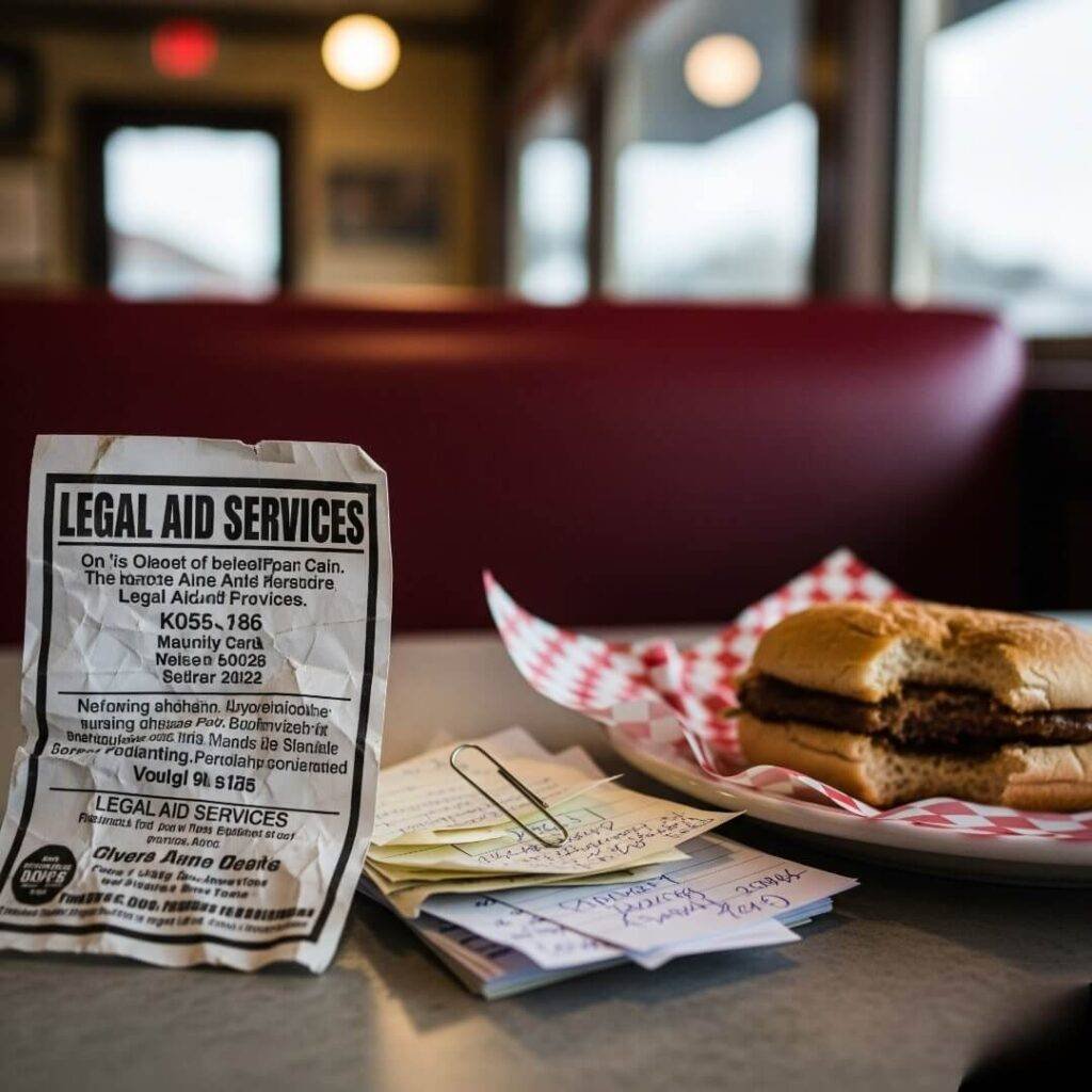 A blurry photorealistic image of a diner table with a dog-eared legal aid flyer, a half-eaten sandwich, and papers held by a bent paperclip.