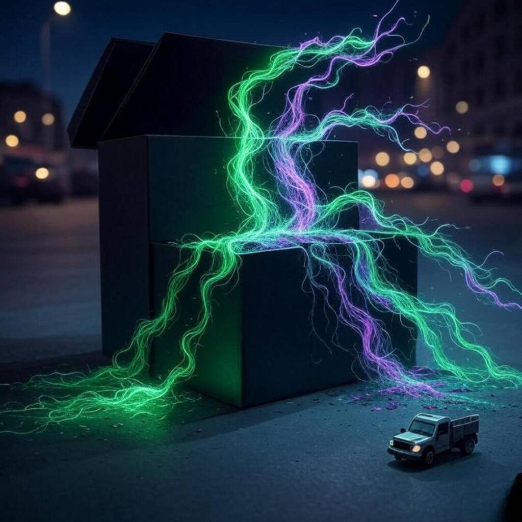 A surreal digital painting of a cracked truck black box spilling glowing neon green and purple data streams, with a tiny cartoon truck driver panicking in the corner, evoking a secretive peek into hidden information.