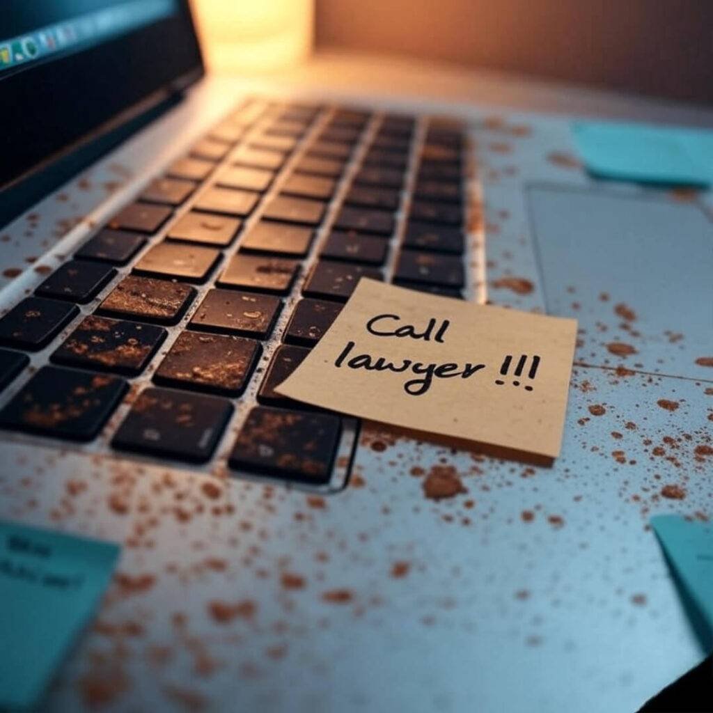 An impressionistic digital painting of a laptop keyboard covered in coffee stains and sticky notes, one reading “Call lawyer!!!”, with a bittersweet tone in a palette of burnt orange and soft teal.