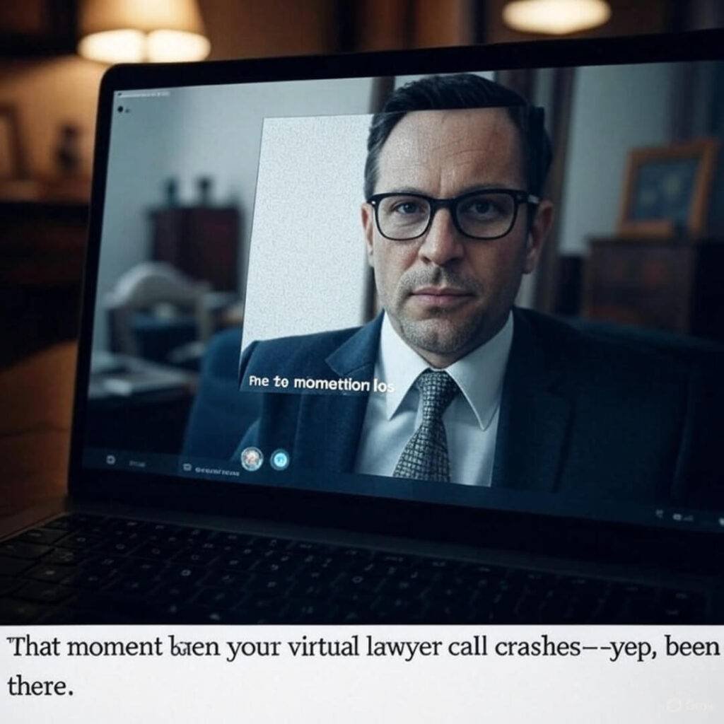 Alt text: A vintage-style, grainy image of a laptop screen frozen mid-video call with a pixelated lawyer’s face and a “connection lost” error, shot from a tilted POV, captioned "That moment when your virtual lawyer call crashes—yep, been there."