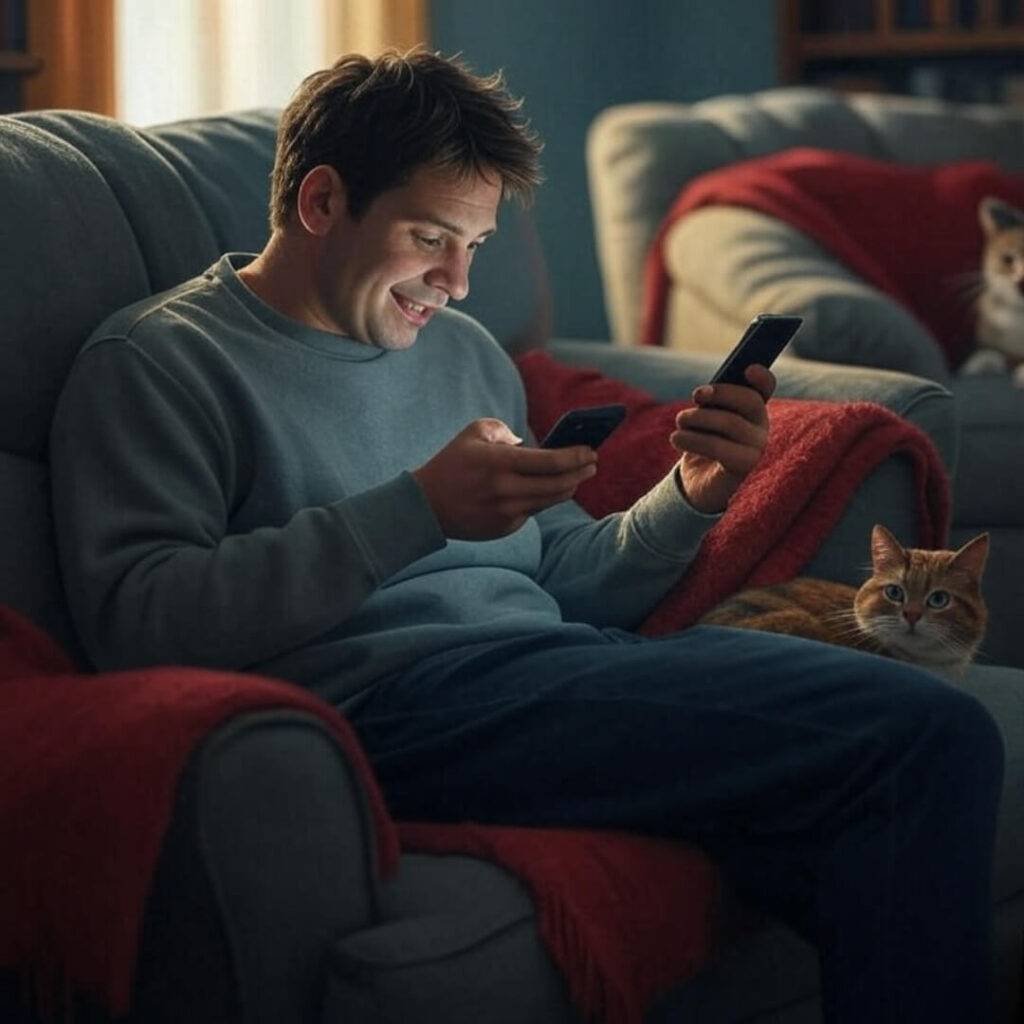 Slightly blurry impressionistic painting of a person on a lumpy couch checking their phone for a legal aid reply, with a glaring cat named Muffin, in muted mustard yellow and teal tones, accented by a crimson throw blanket, conveying a cautiously optimistic vibe.