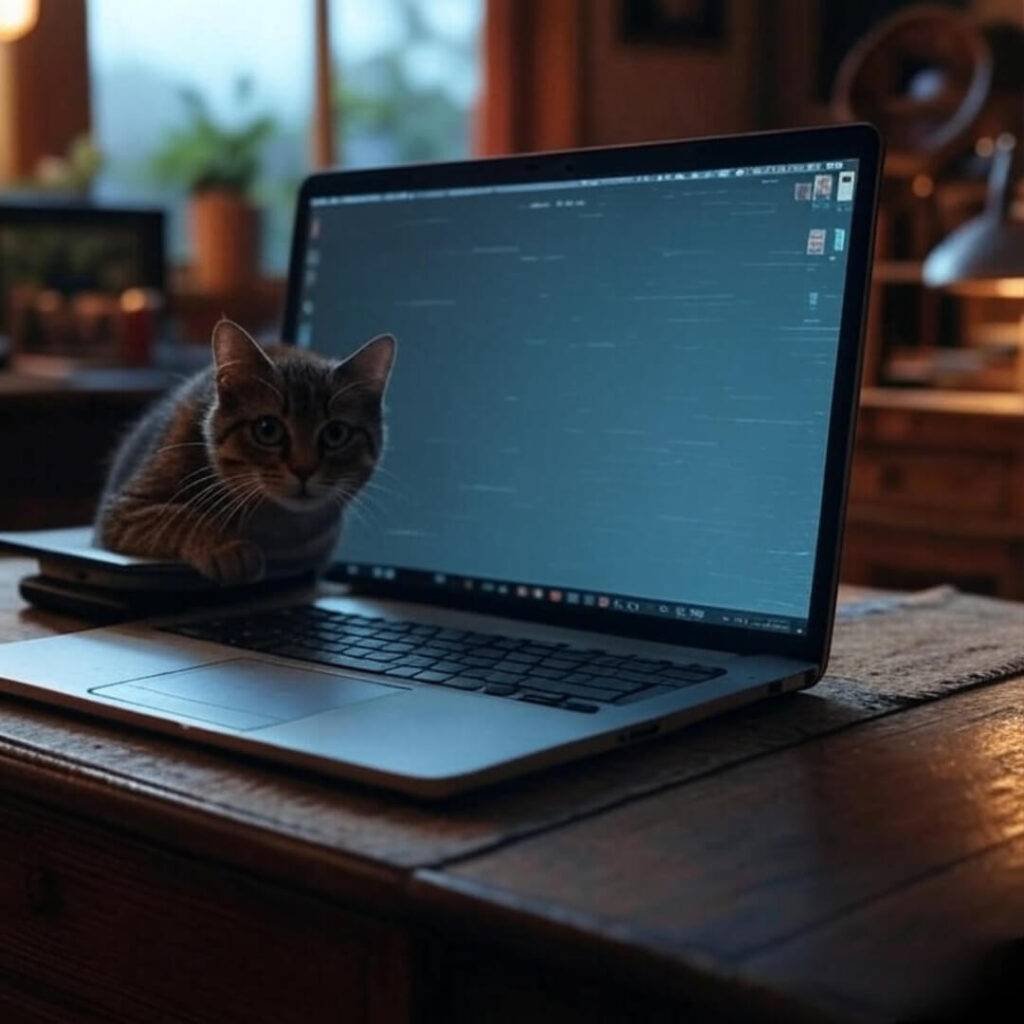 A vintage-inspired illustration of a laptop with a virtual meeting, featuring a faint glitch effect on the screen to symbolize tech hiccups, and a quirky cat peeking into the frame.