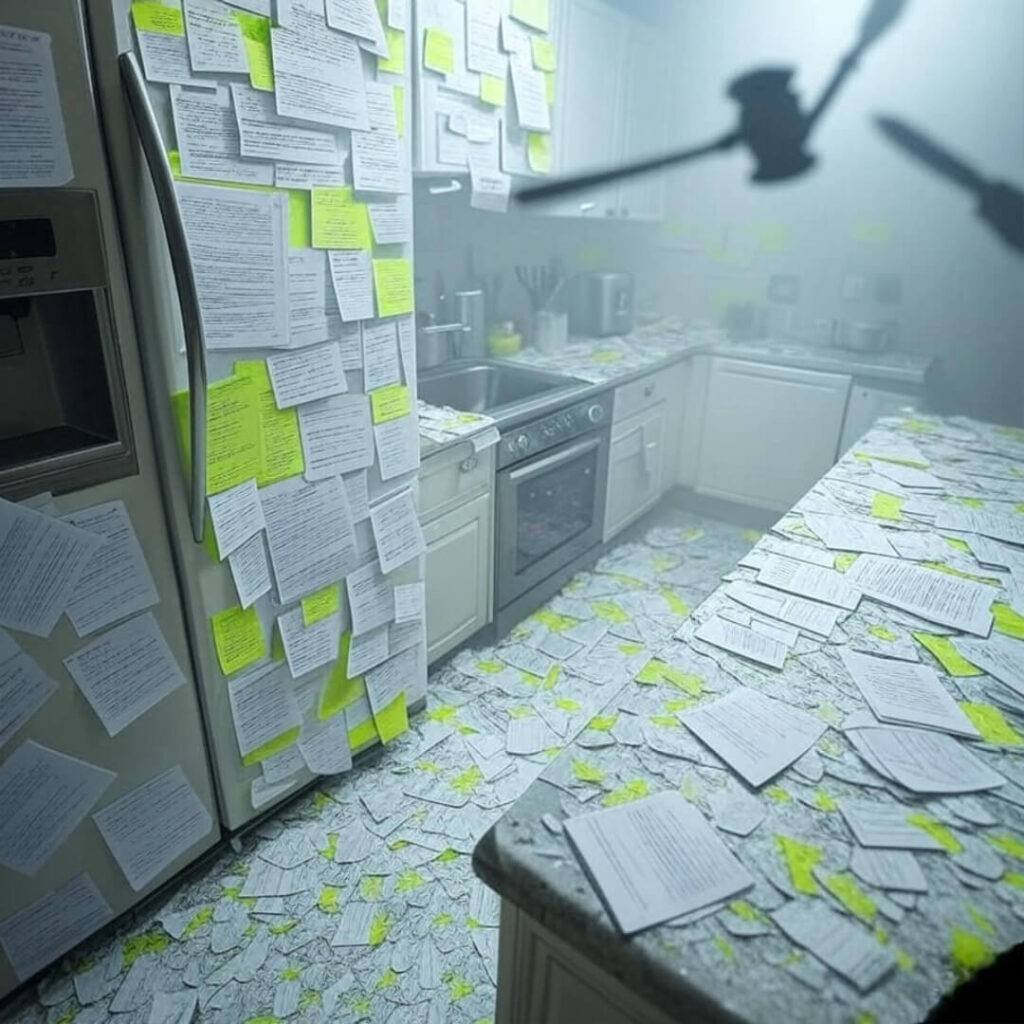 "Chaotic kitchen counter selfie during a lawyer call, legal notes plastered on fridge like deranged art, gavel shadows dancing, foggy grays with lime green hope."