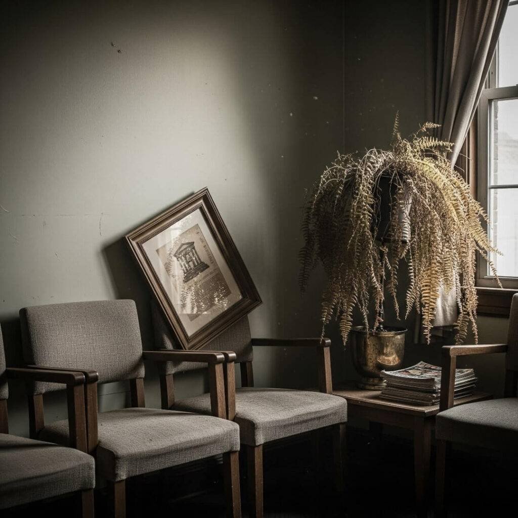 A vintage-inspired photo of a lawyer's waiting room with worn chairs, a crooked picture frame, and a dying fern