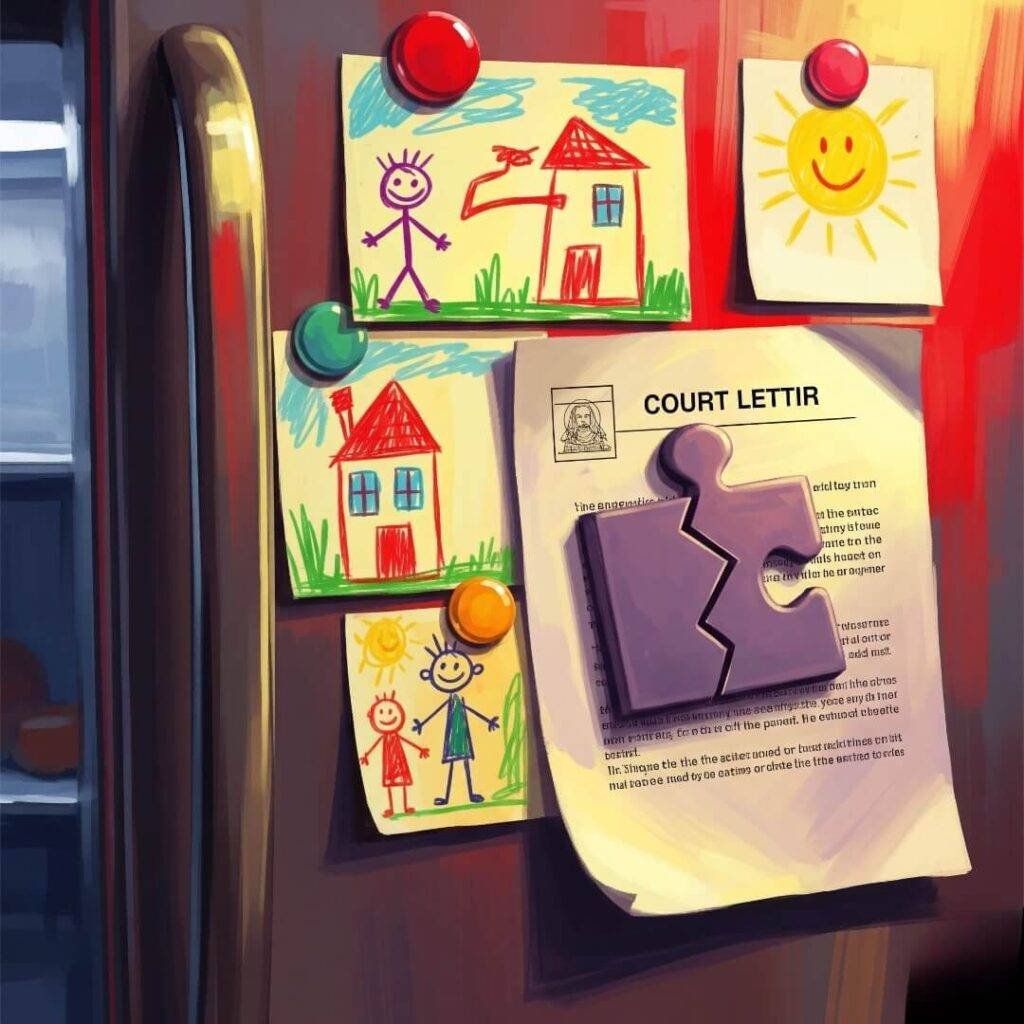 A digital painting of a fridge with kid's drawings and a court letter held by a cracked puzzle-piece magnet.