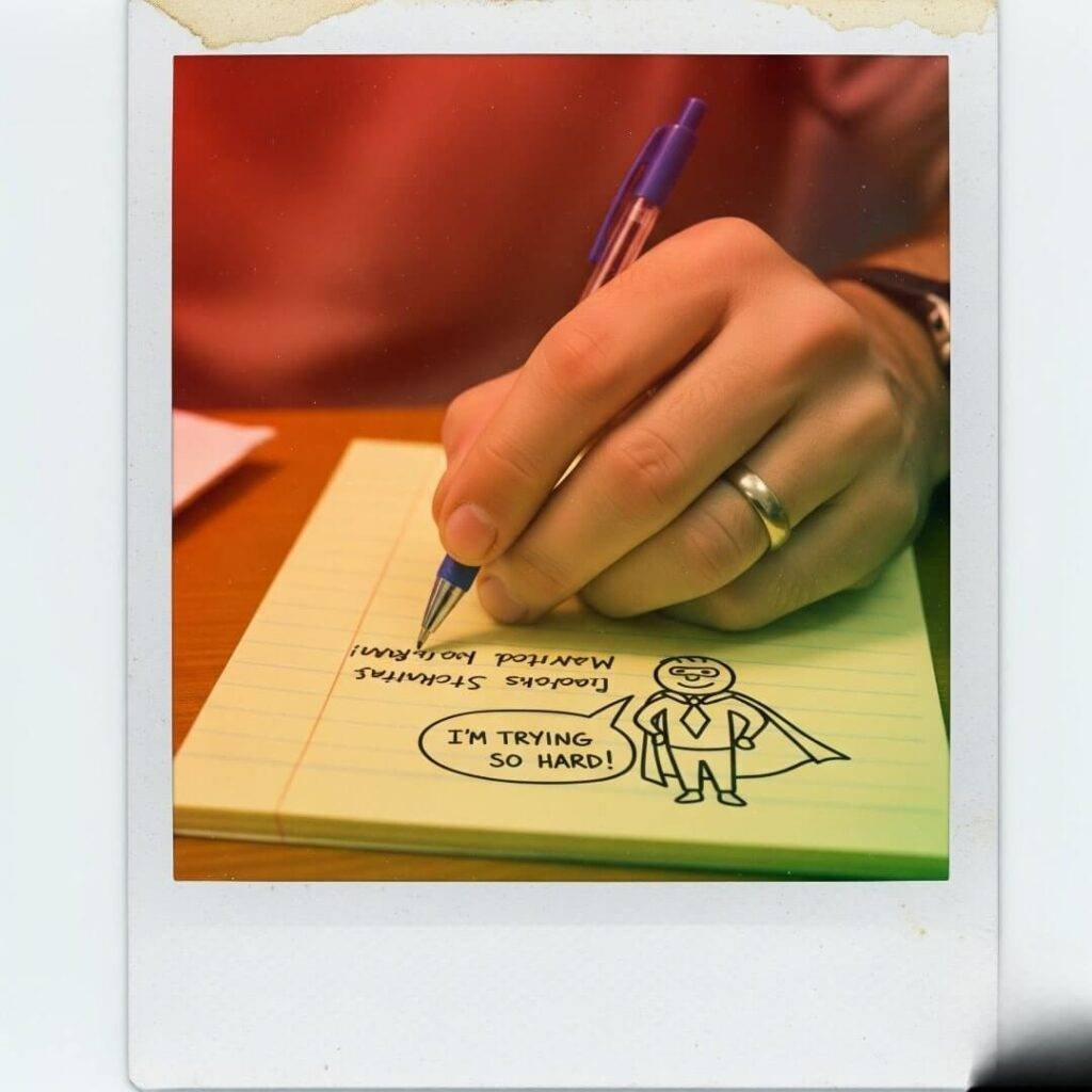 A vintage Polaroid photo of a dad's hand scribbling notes on a legal pad with a doodle of a dad in a cape.