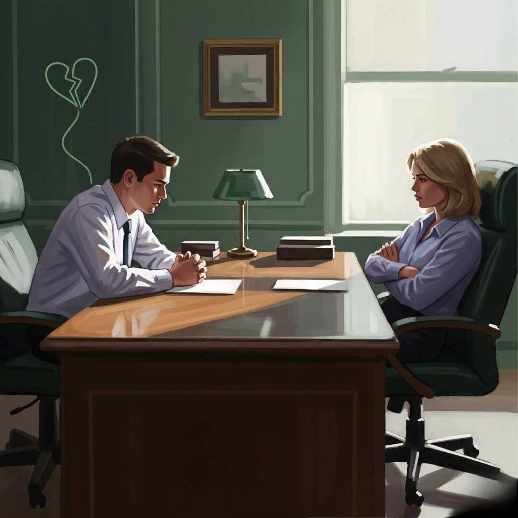 An impressionistic digital painting of a couple arguing softly in a lawyer's office, with a broken heart doodle in the corner..