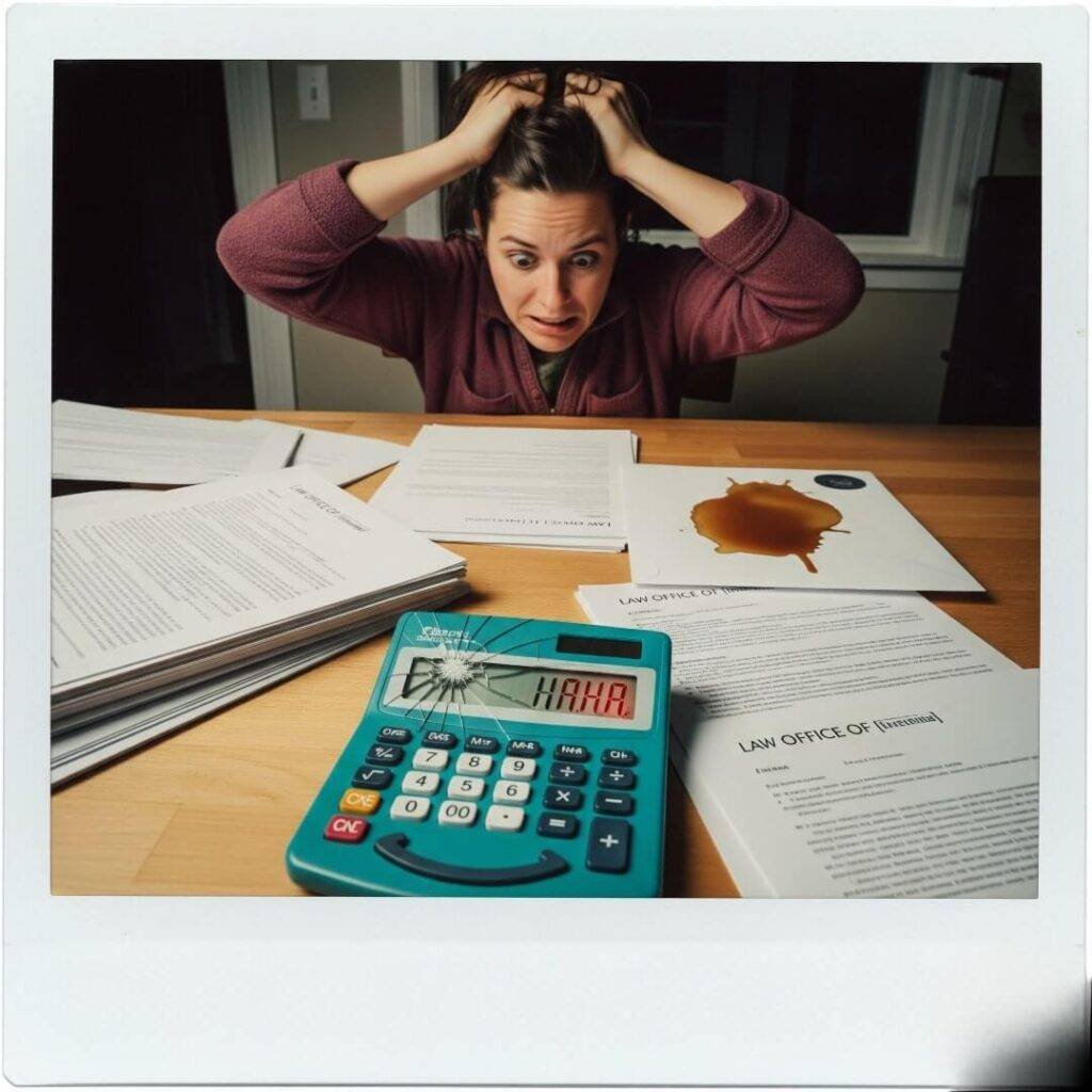 A Polaroid-style photo of a person looking stressed over lawyer bills at a kitchen table, with a broken calculator.