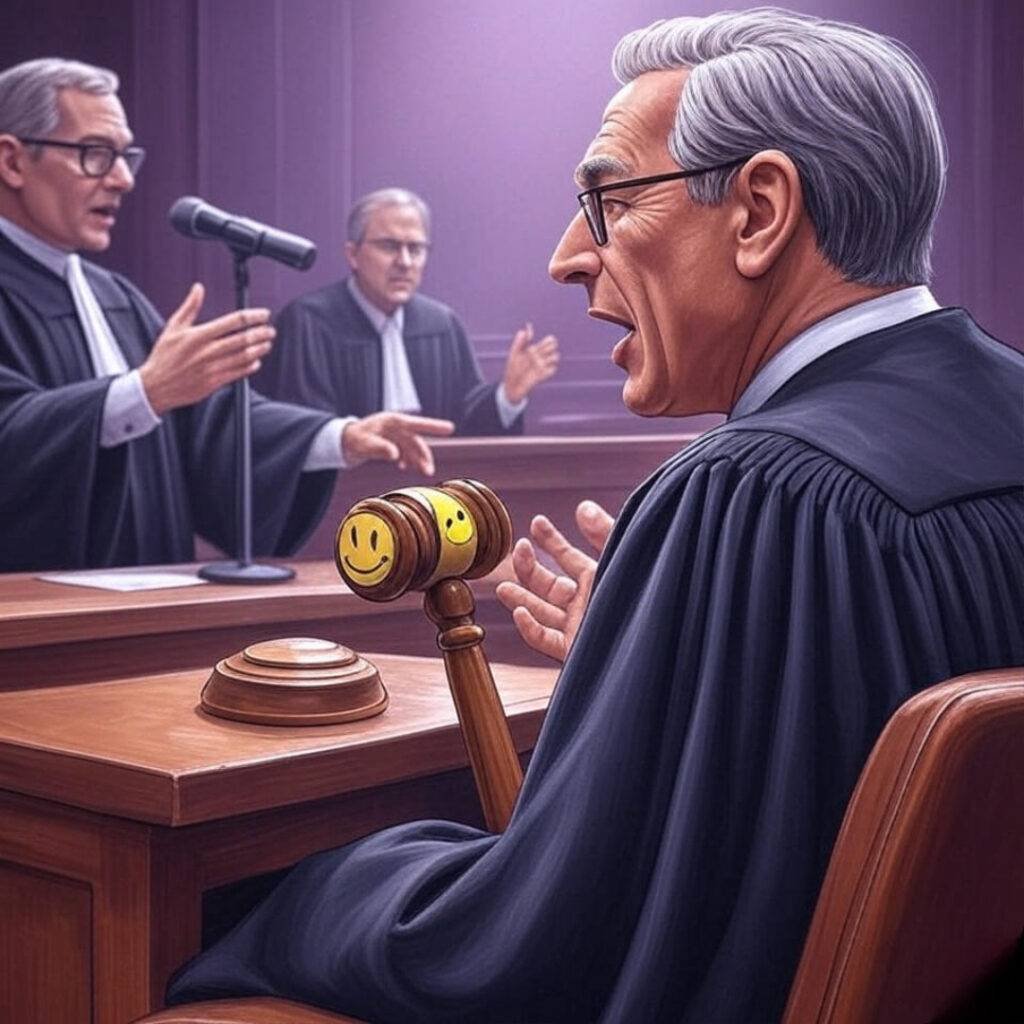 Nervous client on the stand, lawyer arguing passionately in a moody purple courtroom, judge's gavel with smiley face sticker, bright gold accents, 1x1 ratio.