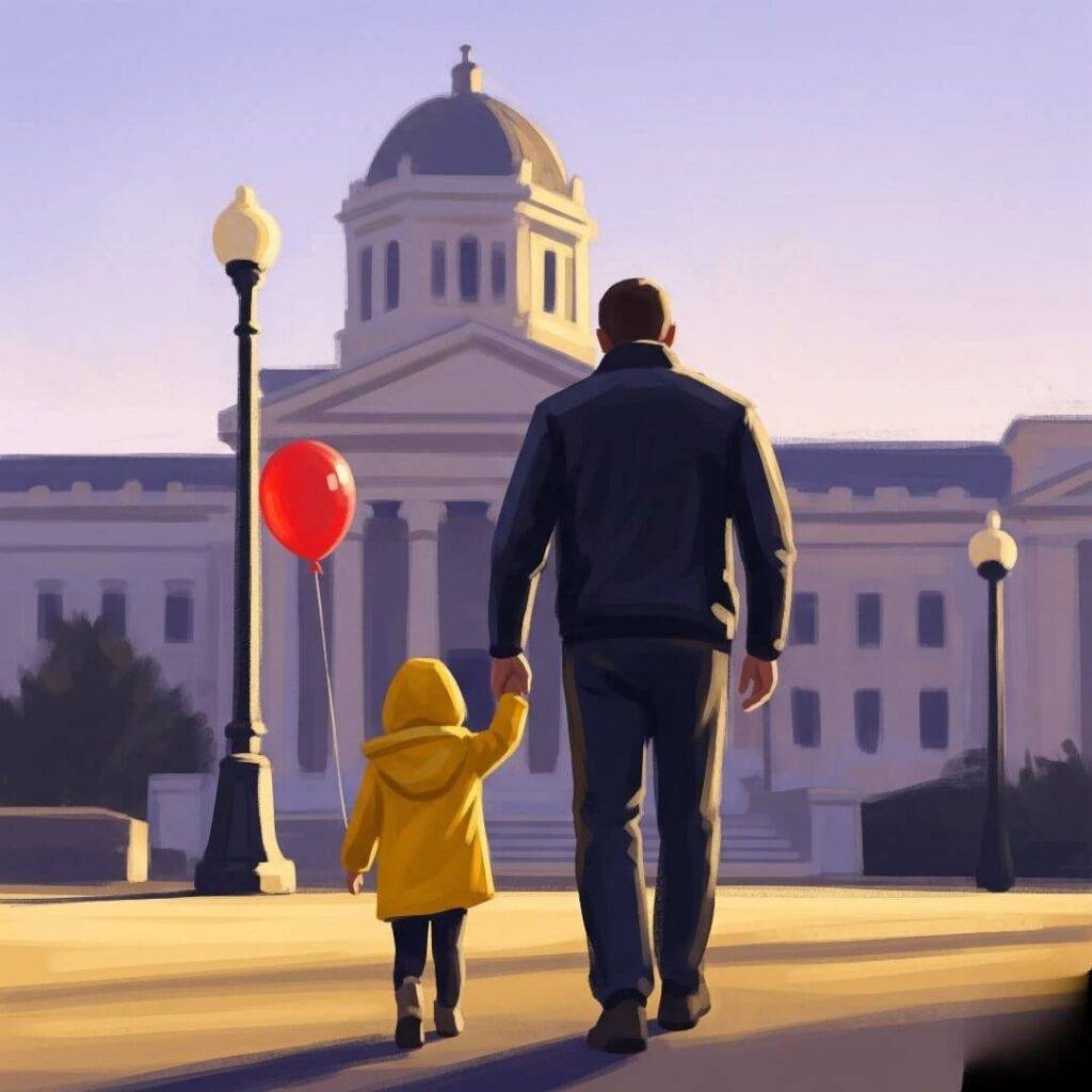 A slightly out of focus digital painting of a dad and a child walking away from a courthouse, with the child holding a red balloon.