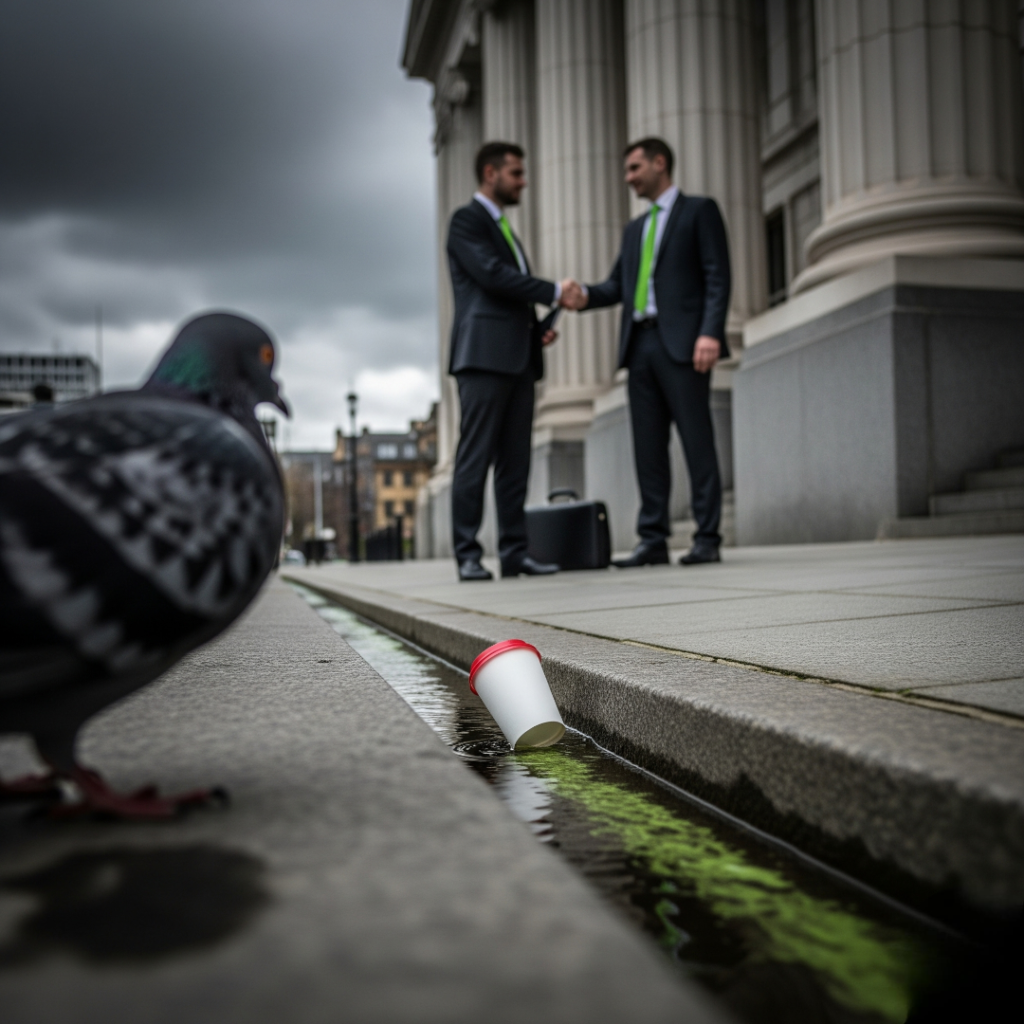 A client and an attorney shaking hands outside a courthouse, as seen from a low-angle pigeon's point of view. A coffee cup rolls in the gutter. The image has a color palette of stormy grays and lime green accents.