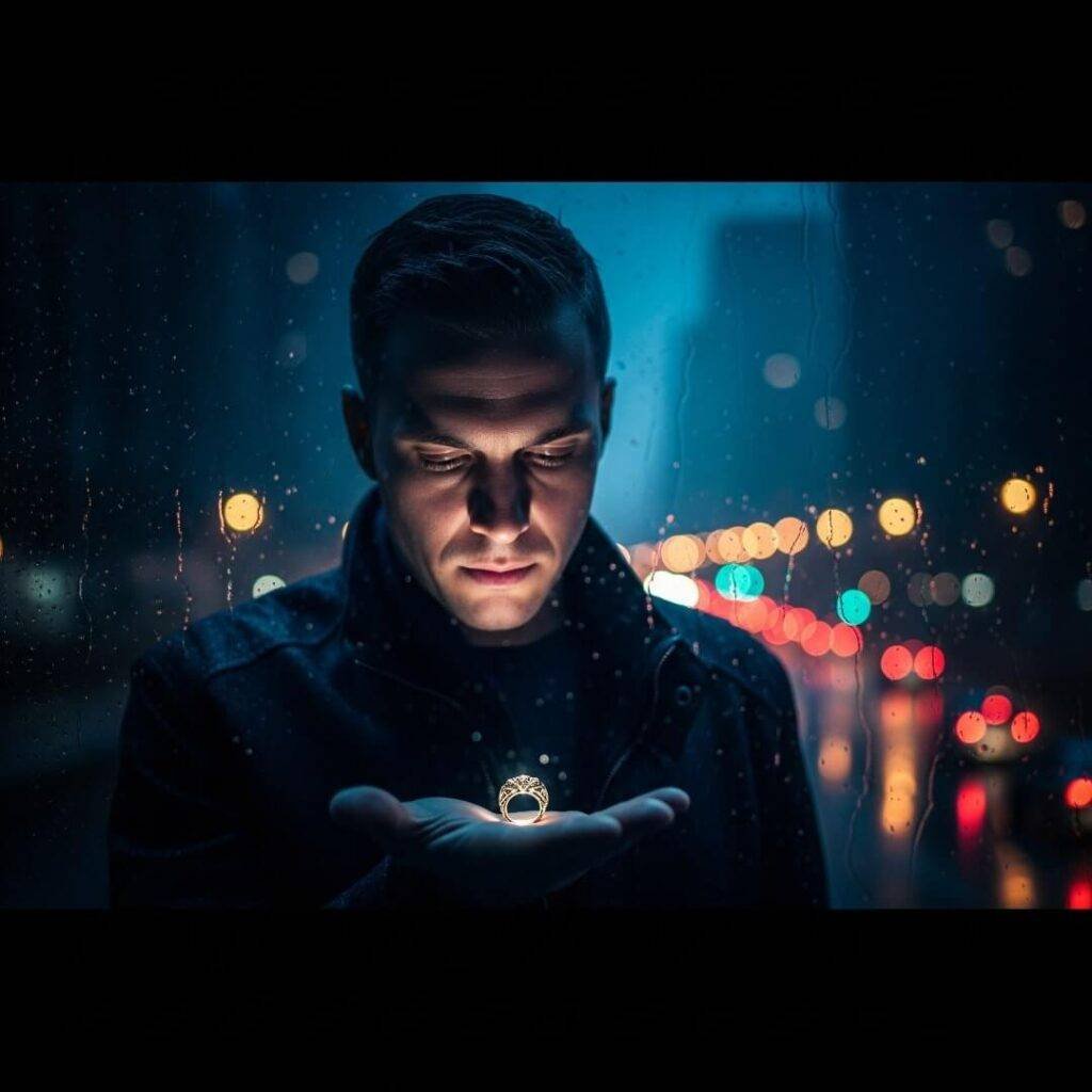 A cinematic shot of a man staring at a wedding ring in his palm, with blurry city lights in the background.
