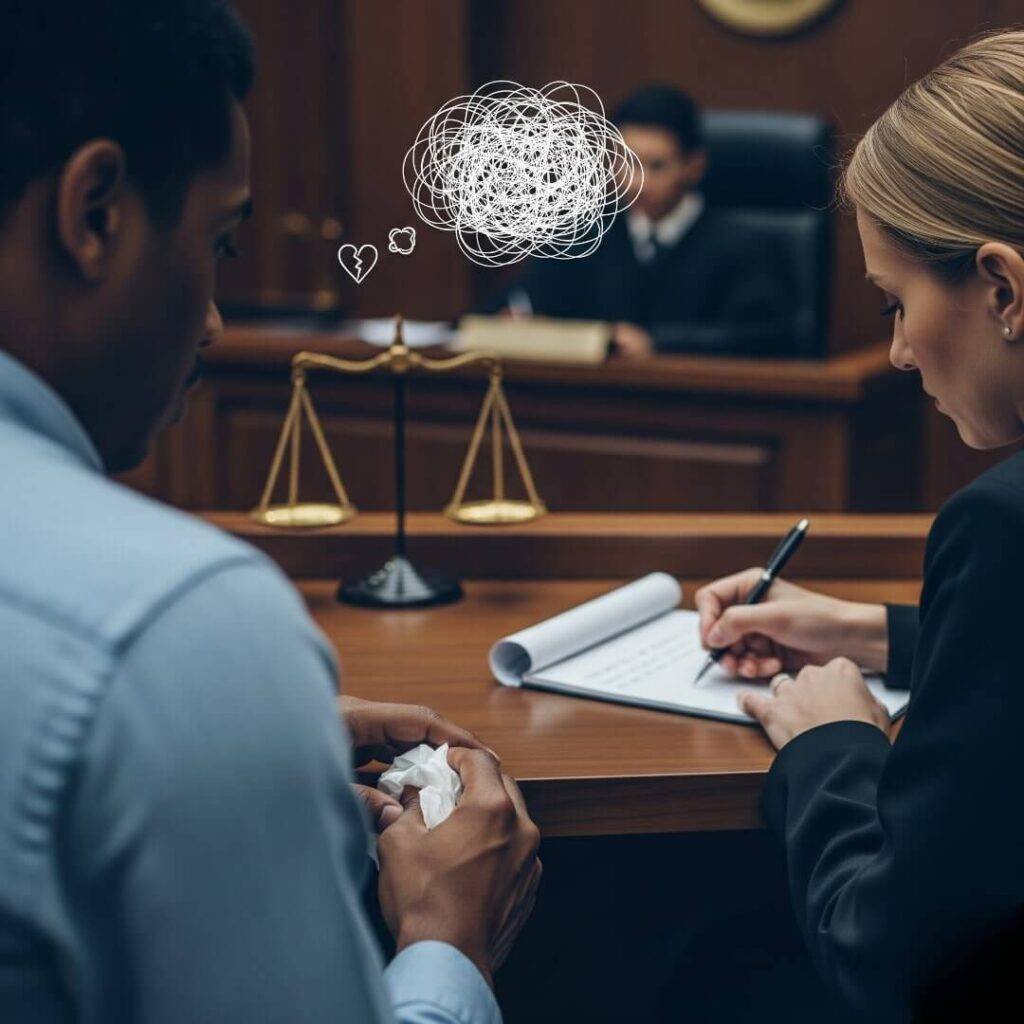 A slightly blurry photorealistic shot of a person in court, with a crumpled tissue, watching their attorney scribble notes.