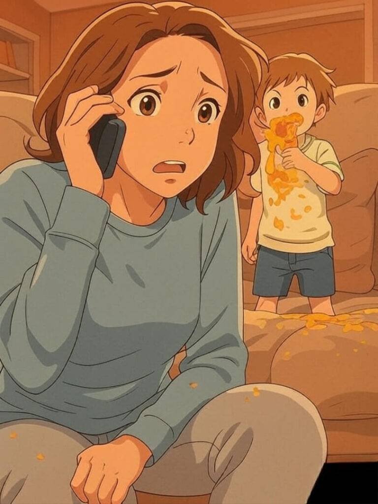 Anime-style stressed parent on a phone call with a lawyer, while a toddler spills juice in the background, featuring warm beiges and lavender highlights.