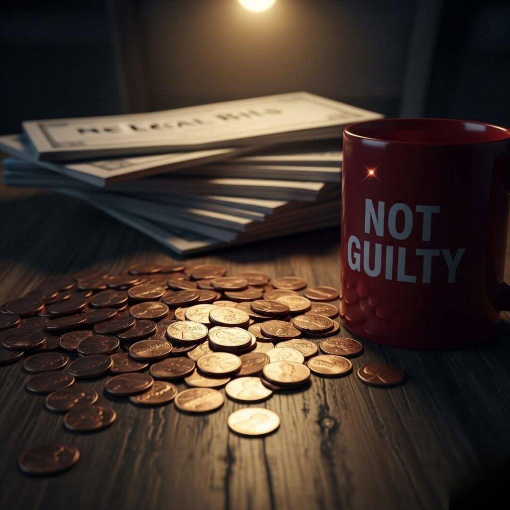 A dimly lit kitchen table with a pile of pennies in the foreground, a stack of legal bills in the background, and a red "Not Guilty" mug.