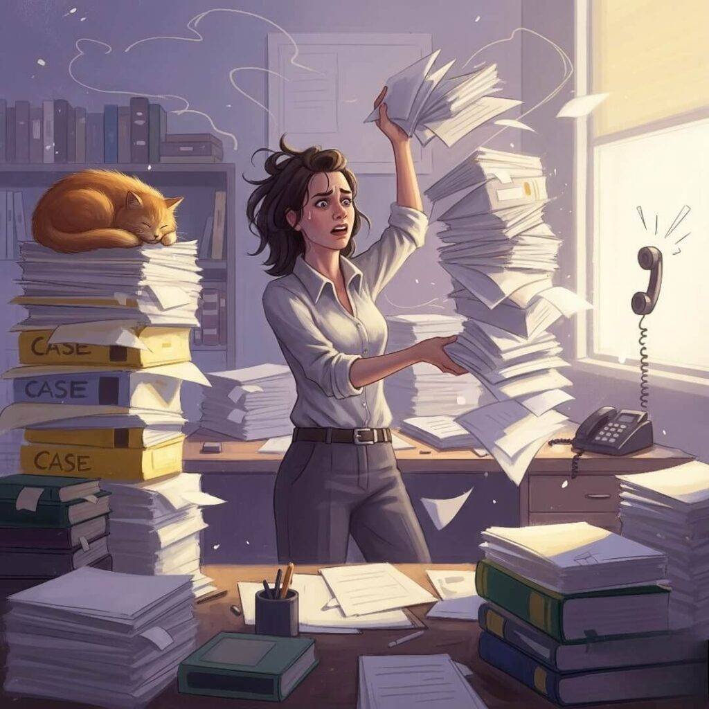 An impressionistic digital painting of a stressed paralegal juggling papers while a cat naps on a stack of files.