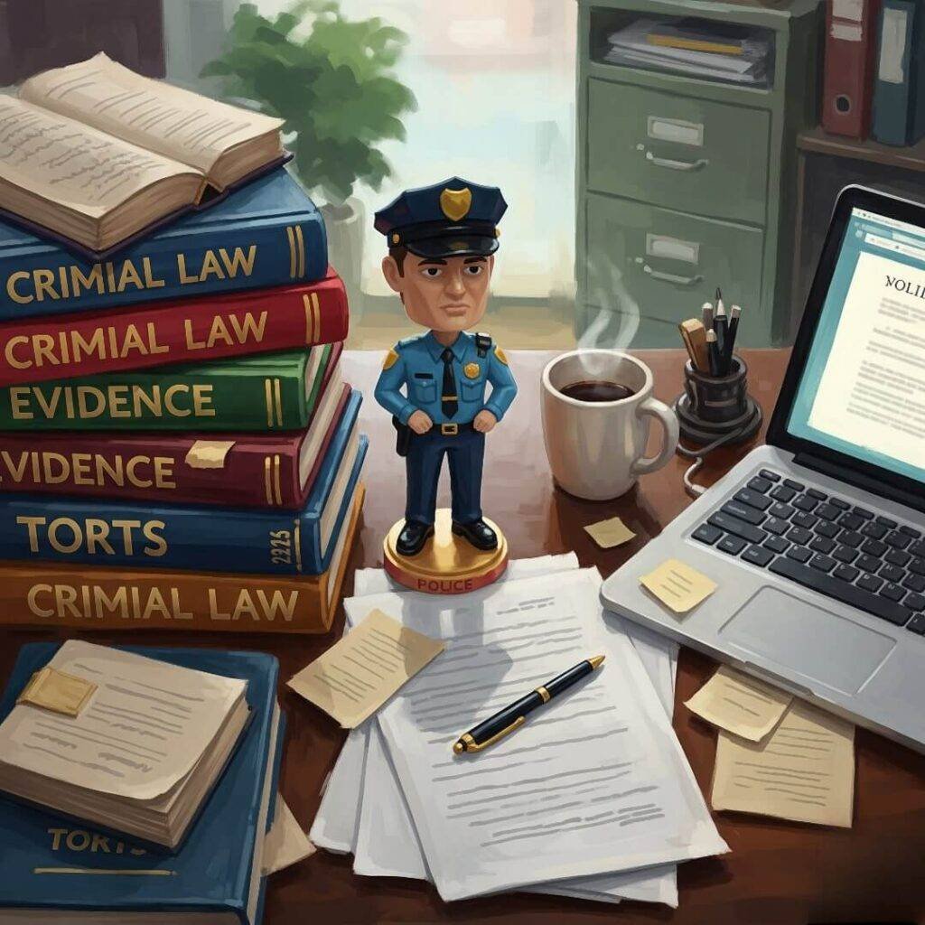An impressionistic digital painting of a messy lawyer's desk with a bobblehead cop and legal books.