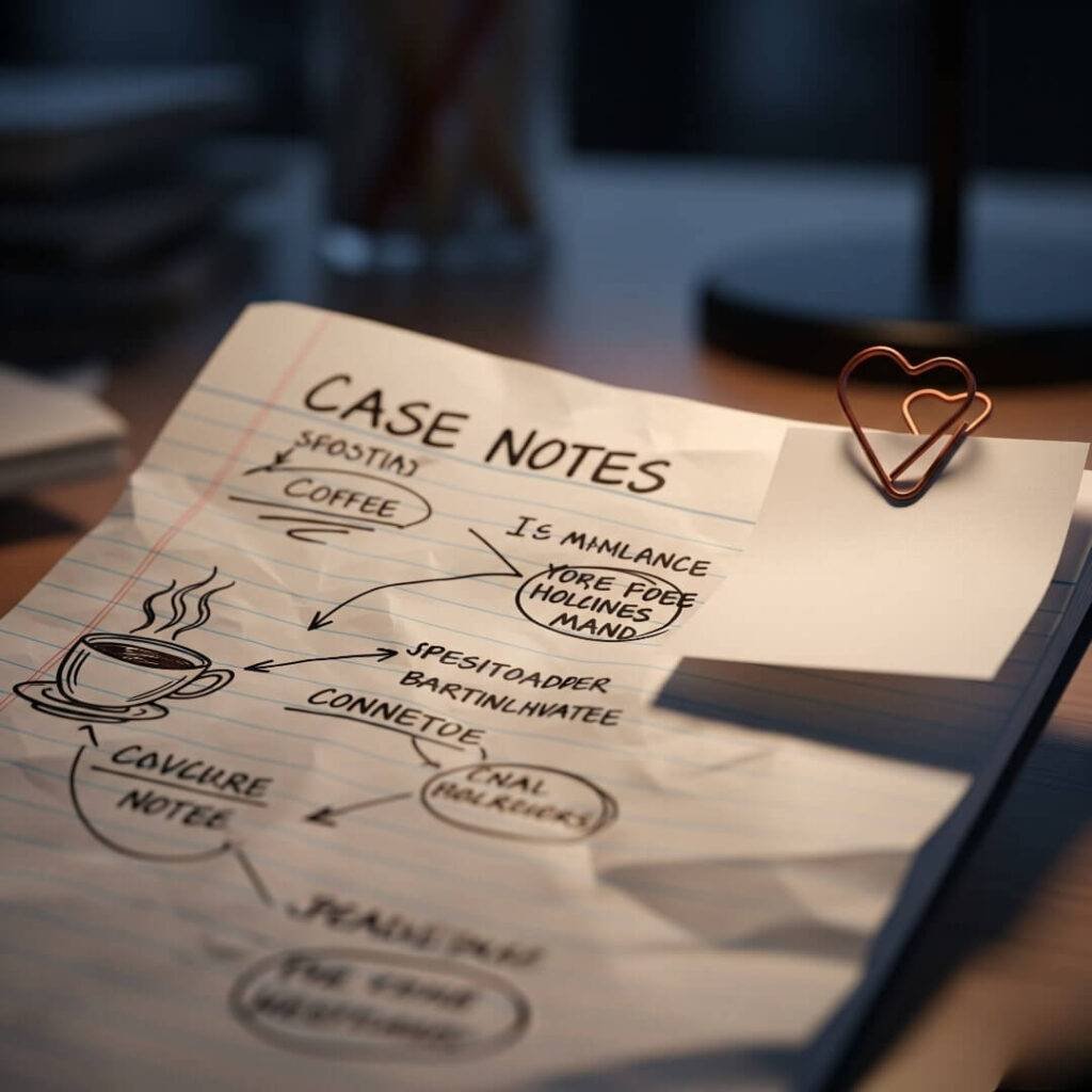 A crumpled legal pad with "CASE NOTES" written on it, along with a doodle of a coffee cup and a heart-shaped paperclip.