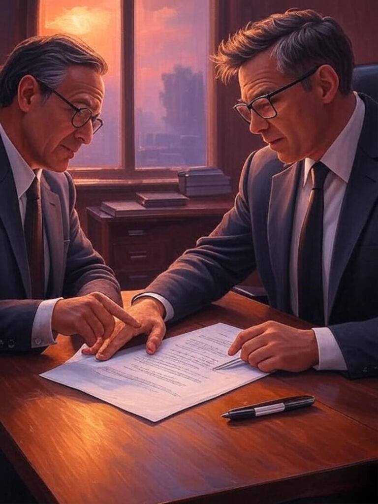 "Warm impressionistic painting of a closing table, shaky hand signing a contract, lawyer’s steady hand pointing clauses, in earthy oranges and purples, with a cautiously optimistic tone."