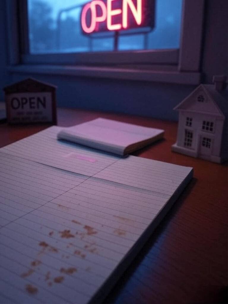 A messy tenant's desk with a crumpled lease agreement, a half-eaten sandwich, and a flickering neon "Vacancy" sign outside a window, depicted in a gritty urban realism style with neon pinks and cold blues, evoking a late-night stress mood.