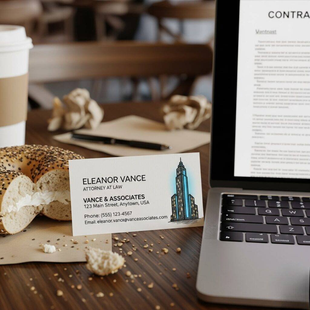 A high-resolution, slightly blurred photo of a lawyer's business card on a cluttered coffee shop table. The card is next to a half-eaten everything bagel and an open laptop with a contract on the screen. A tiny doodle of a skyscraper with a glowing neon blue window is on the business card. The photo has warm brown and cream tones, with a bright blue accent.