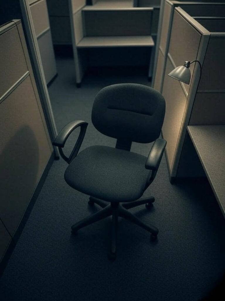 Overhead view of a broken office chair in an empty cubicle, vintage-inspired with sepia tones and a touch of teal, humorously symbolizing job loss.
