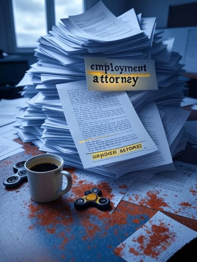 Overexposed photorealistic image of a chaotic pile of legal documents with “employment attorney” highlighted in neon yellow, a spilled coffee mug, and a fidget spinner, in deep blues and rusty reds, evoking a bittersweet tone.