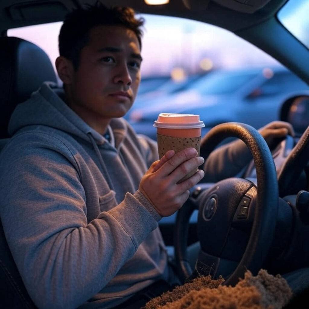 Blurry image of a person in a car after work, holding a spilling coffee cup, tired but hopeful mood, in peach tones, 1:1 ratio.