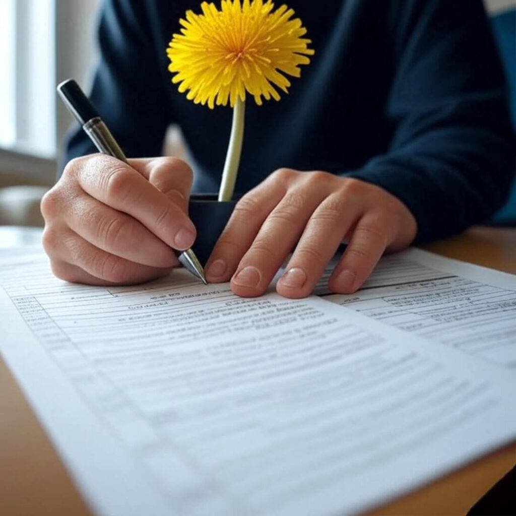 Hand signing a medical power of attorney form, with a bright yellow dandelion in a pen holder symbolizing resilience. Low-angle shot over the shoulder. Caption: “Finally signing my medical power of attorney—feels like a win.”