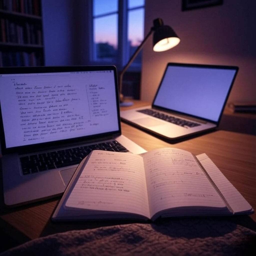 A photorealistic cozy living room corner with a notebook open to estate planning notes and a glowing laptop, featuring a quirky crooked lamp casting a wonky shadow, in soft purples and golden yellows.