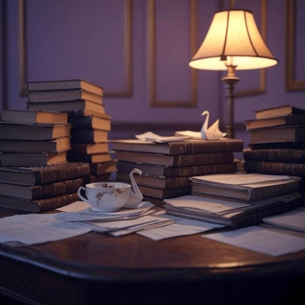 Bittersweet elder law attorney’s desk with piles of legal books, a flickering dim lamp, a chipped teacup, and an origami swan, in muted purples and soft golds with a faded Polaroid vibe.