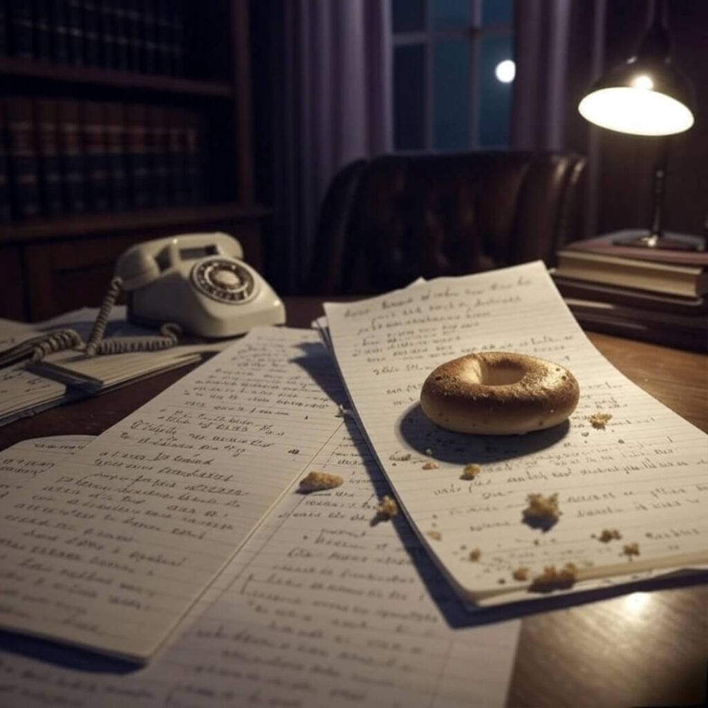 A vintage photo of a guardianship attorney’s office with a legal pad of sloppy notes and a half-eaten bagel, featuring a quirky retro rotary phone, in sepia tones with soft lavender highlights, evoking a bittersweet, nostalgic chaos