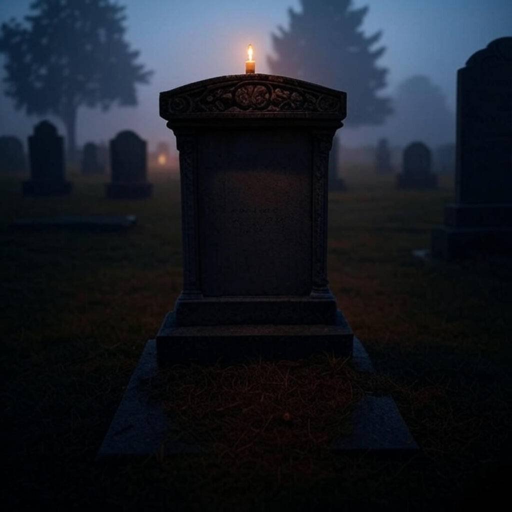Photorealistic scene of a candlelit gravestone in a foggy cemetery at dusk